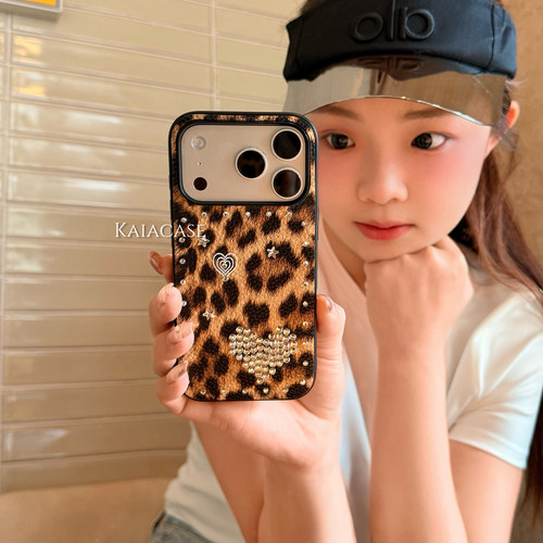 kaia 高级感小众豹纹水钻爱心星星适用苹果17promax手机壳iphone16pro新款17女14pro创意15pro全包防摔手机套