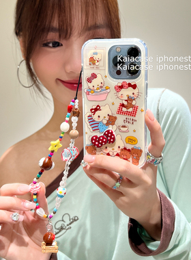kaia卡通可爱HelloKitty红波点蝴蝶结适用苹果16promax手机壳iphone13新款15女14pro链条16pro双层防摔手机套