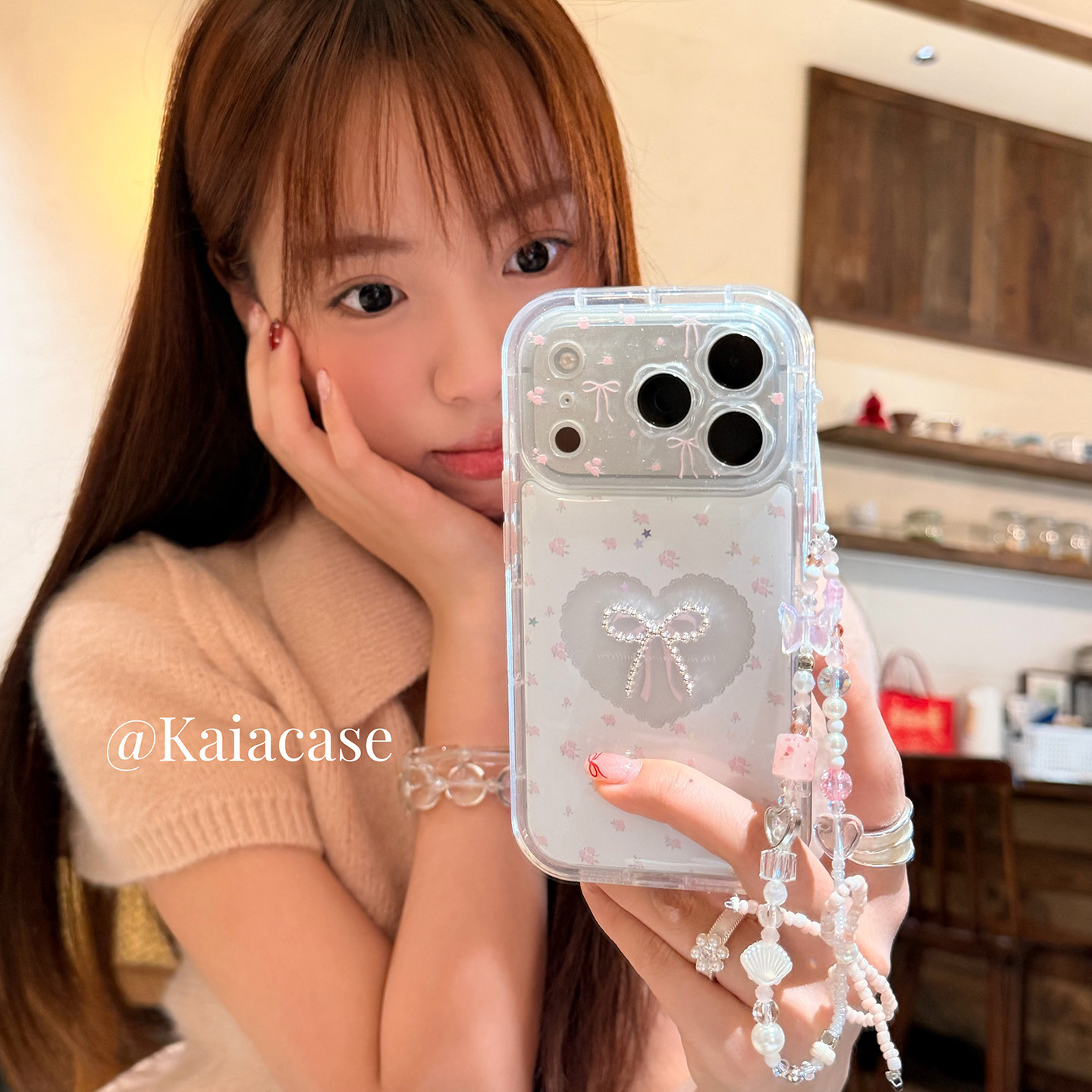 kaia 甜美ins粉碎花爱心蝴蝶结适用苹果18promax手机壳iphone16pro新款16女17pro带链条15pro全包防摔手机套