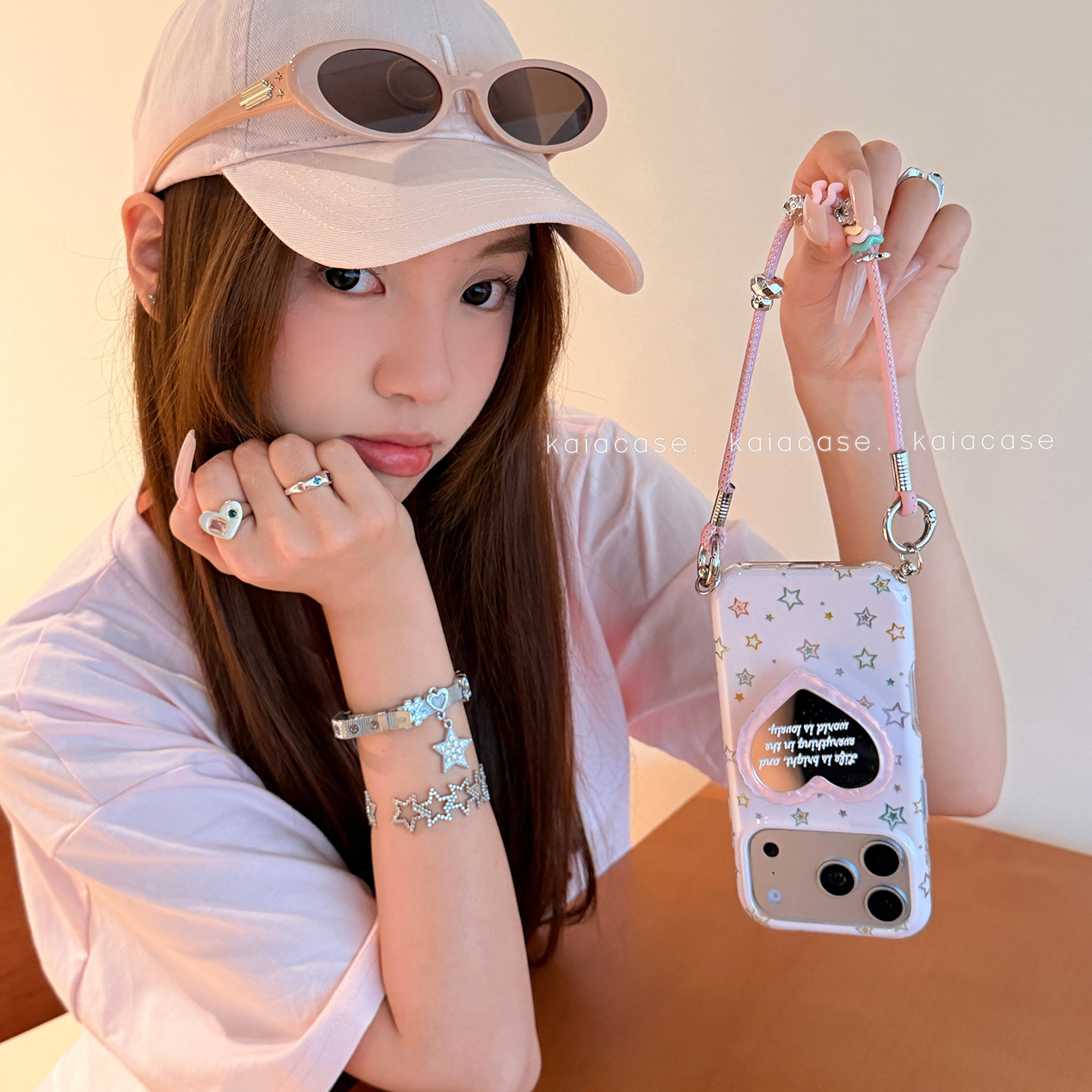 kaia 夏日彩色星星爱心镜面支架适用苹果17promax手机壳iphone16pro新款16女17pro带挂绳15pro镭射双层手机套