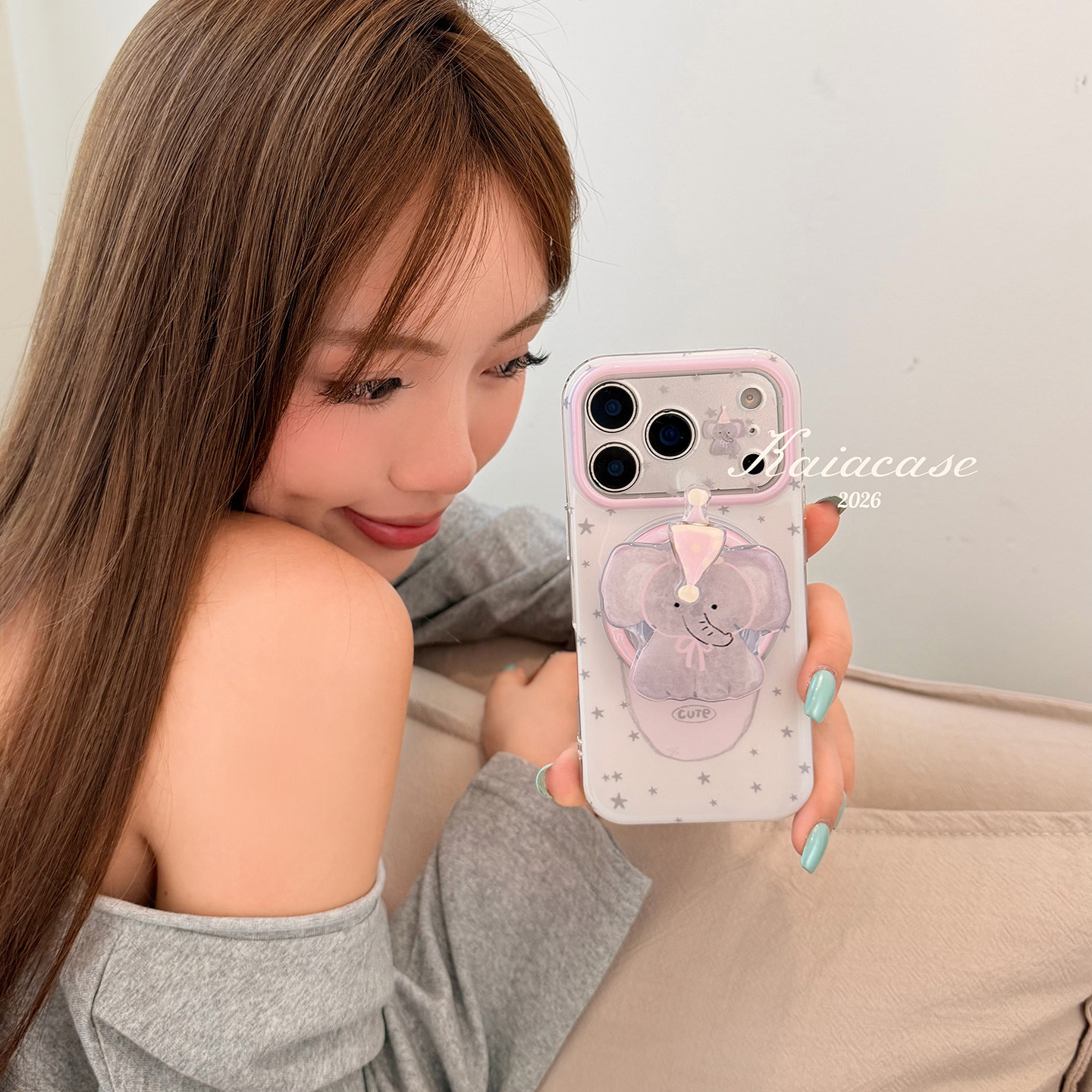 kaia 少女心软萌旋转帽子小象适用苹果17promax手机壳iphone16pro新款14女14pro磁吸支架15pro全包防摔手机套