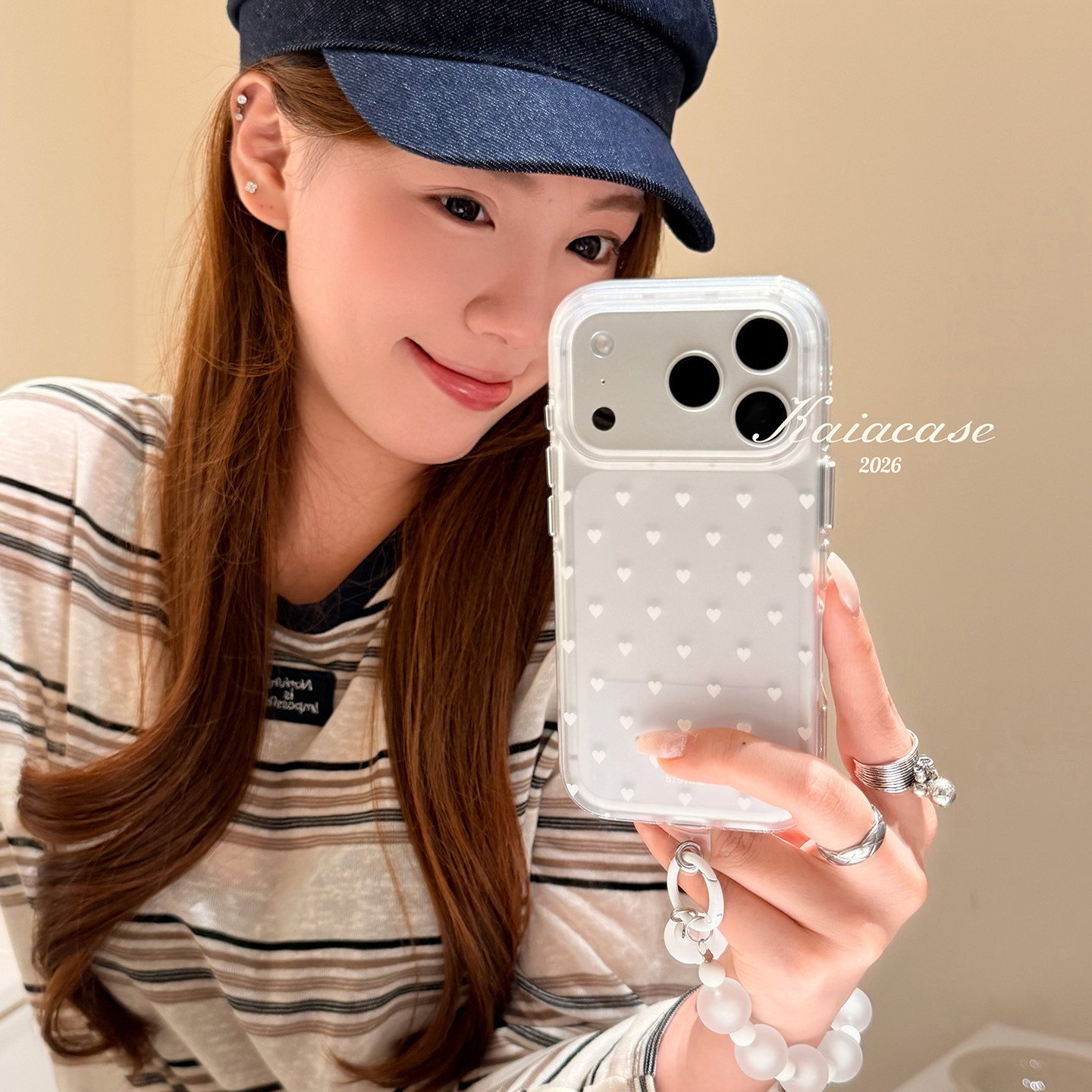 kaia 韩系ins极简白小爱心适用苹果17promax手机壳iphone16pro新款13女14pro带链条15pro全包透明防摔手机套
