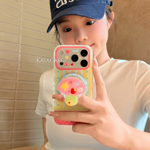kaia韩系ins条纹波点蘑菇星星适用苹果17promax手机壳iphone16pro新款13女14pro磁吸支架15pro全包防摔手机套