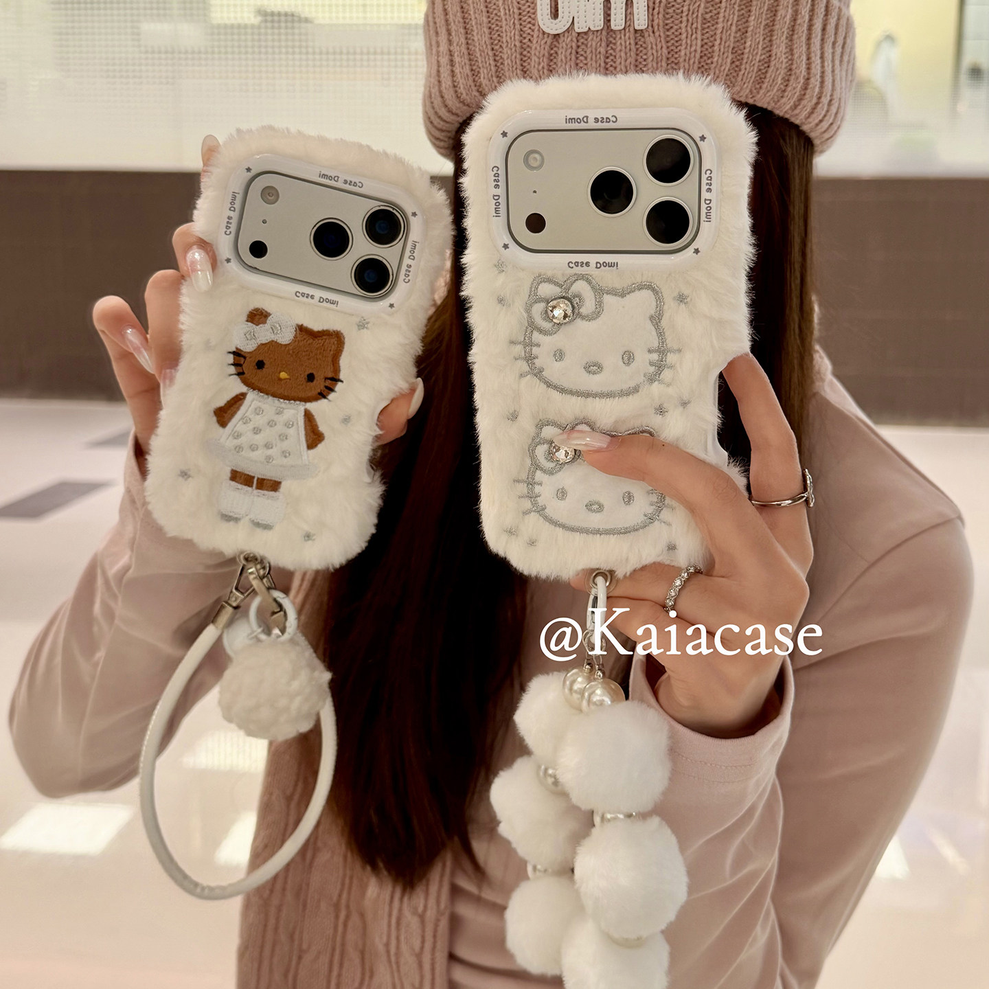 kaia 秋冬白毛绒茸刺绣哈喽kt适用苹果17promax手机壳iphone16pro新款15女14pro毛球挂绳15pro全包防摔手机套,3C数码配件,手机保护套/壳,淘宝优惠券,粉丝福利购,淘宝优惠卷