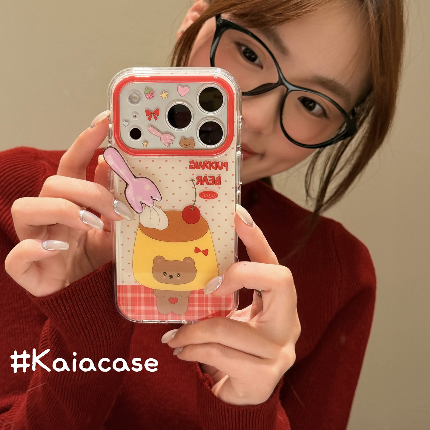 kaia软萌ins可爱布丁小熊立体叉子适用苹果17promax手机壳iphone16pro新款16女17pro创意15pro双层防摔手机套