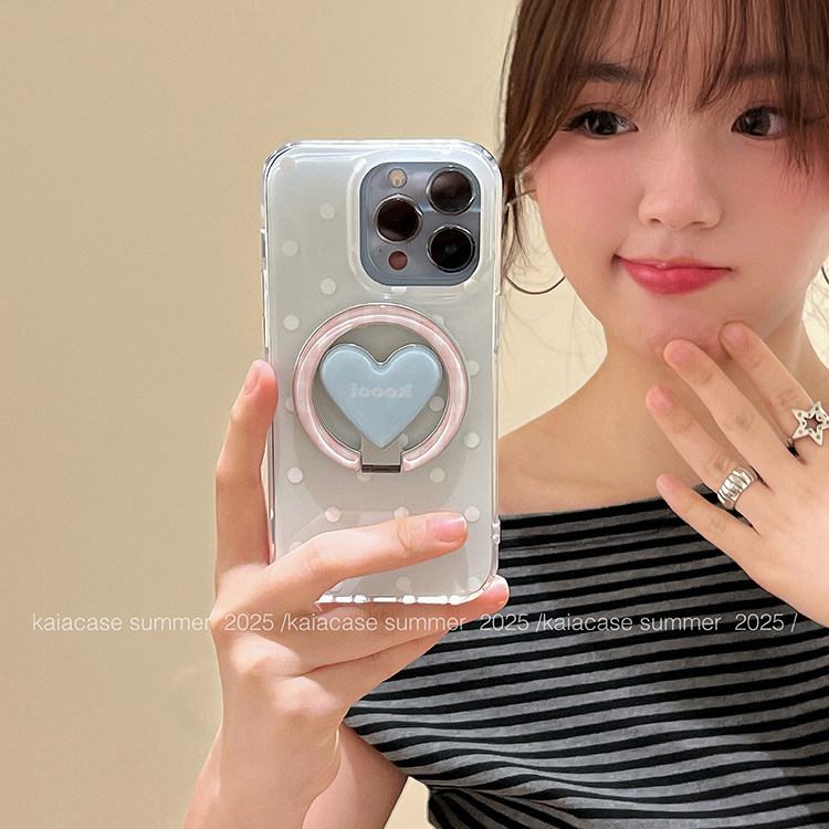 kaia 韩风简约波点折叠爱心适用苹果17promax手机壳iphone13新款15女14pro旋转磁吸支架17pro全包防摔手机套