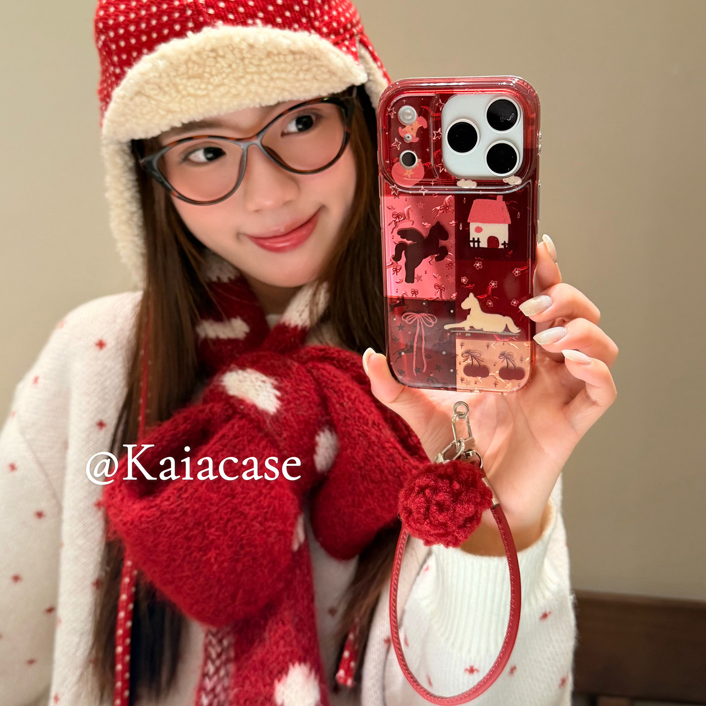 kaia 新年红拼接格纹小马房子适用苹果17promax手机壳iphone16pro新款13女14pro毛球挂绳15pro全包防摔手机套,3C数码配件,手机保护套/壳,淘宝优惠券,粉丝福利购,淘宝优惠卷