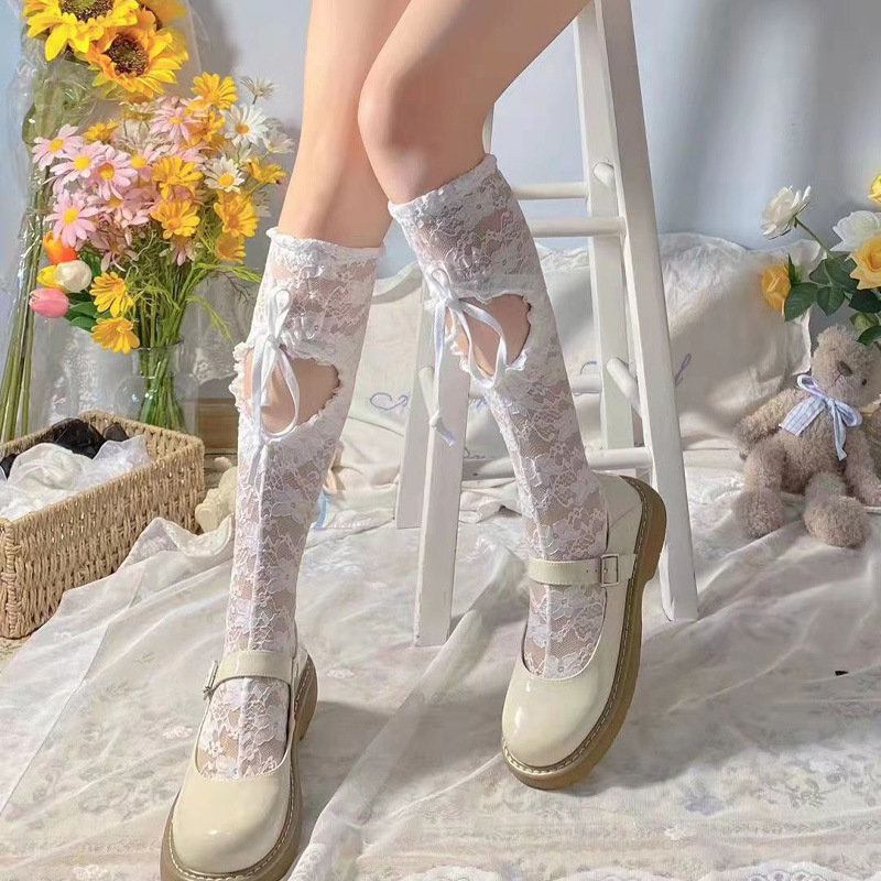 镂空爱心抽绳白色中筒袜子女夏季薄款潮洛丽塔甜美日系蕾丝小腿袜