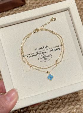 新款四叶花手链双层叠戴小众百搭手饰轻奢时尚复古简约幸运草手链