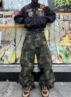 VET迷彩口袋拉链可拆卸工装裤宽松直筒阔腿travis scott同款
