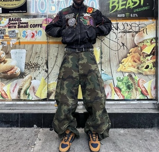 scott同款 宽松直筒阔腿travis 裤 VET迷彩口袋拉链可拆卸工装