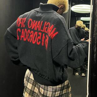 小众Magliano秀款红字标语羊毛针织衫高领半拉链下摆抽绳毛衣外套