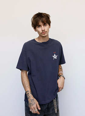 独家款ERD忧郁的富二代 蓝紫色星星水洗做旧裂纹印花短袖复古T恤