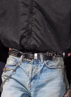 ERD忧郁的富二代 多排菱形铆钉腰带复古做旧雕花皮带wookvibe同款