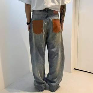 BMC脏染做旧darkside铆钉皮口袋水洗破坏baggy牛仔裤阔腿裤1981M