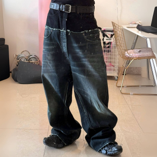 UP双层双腰拼接水洗做旧破坏阔腿baggy牛仔裤 BMC秀款 CUT