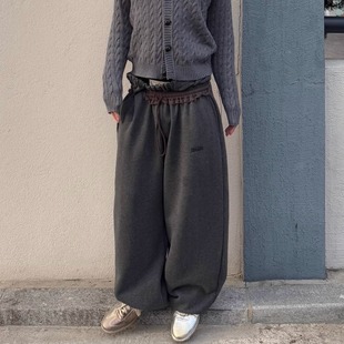 小众Magliano深灰色棕色双腰撞色抽绳卫裤 解构阔腿宽松加绒运动裤