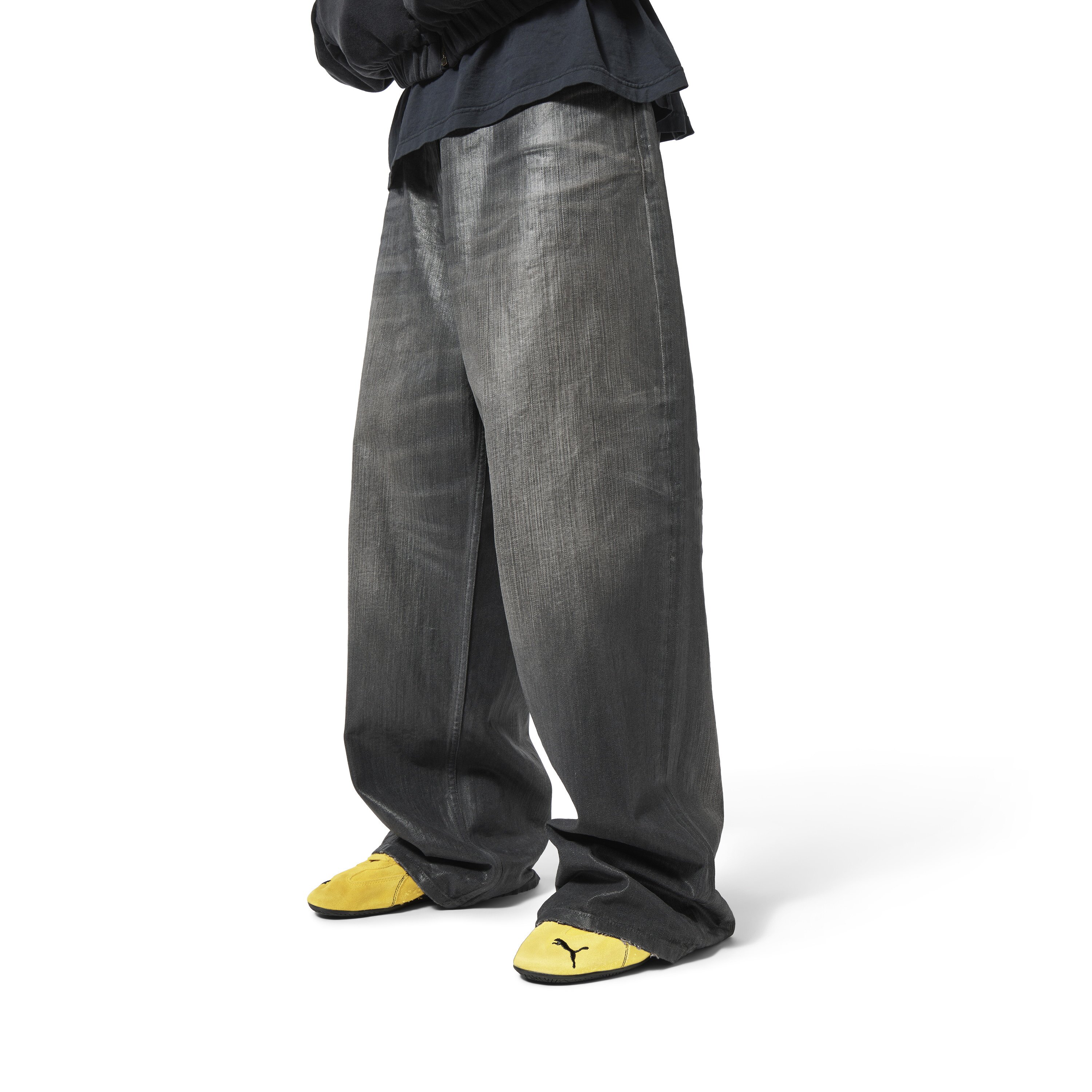 水洗灰色竹节纹刷蜡baggy牛仔裤