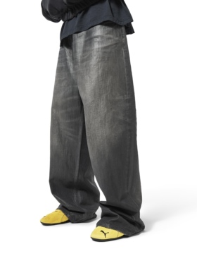 BMC 25新款重工深灰色竹节纹刷蜡涂层廓形牛仔裤蜡面裤baggy长裤