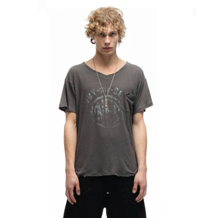 BMC nofaith垂坠麻棉复古棕灰色V领口袋破坏印花短袖vintage tee