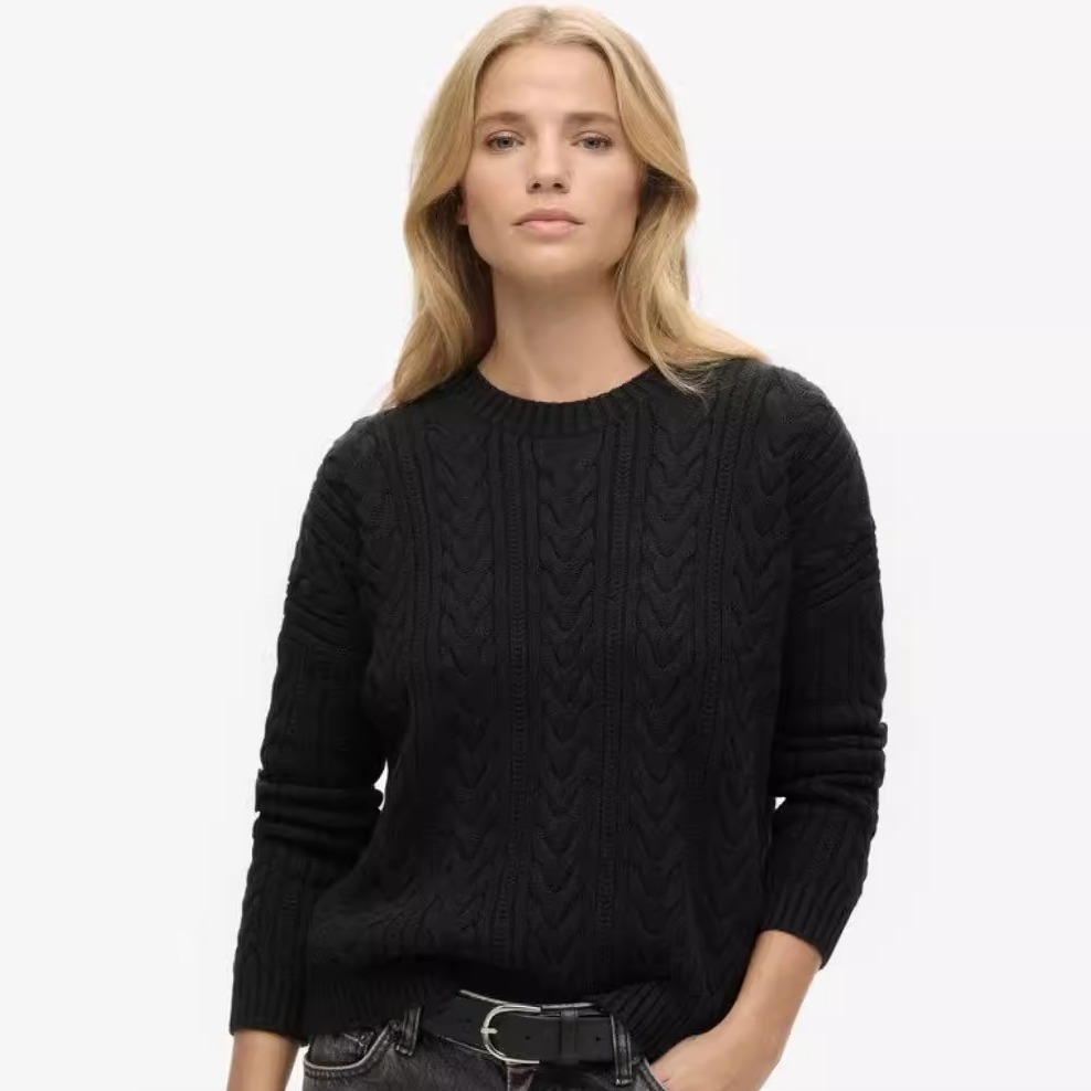 superdry经典粗麻花针织纯棉春季毛衣纯色气质百搭长袖宽松连肩款