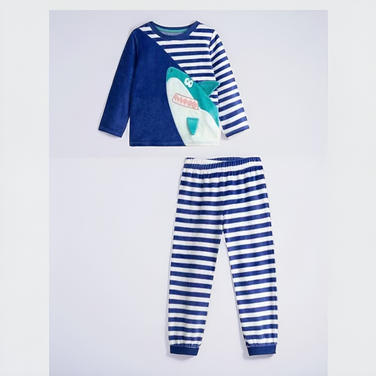 出口法国DPAM男童纯棉天鹅绒长袖长裤可爱条纹鲨鱼家居服