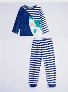 出口法国DPAM男童纯棉天鹅绒长袖长裤可爱条纹鲨鱼家居服