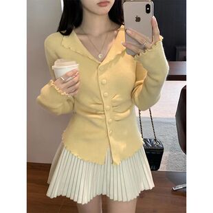 秋冬季 德绒开衫 女修身 显瘦奶黄色上衣女 甜美风木耳边排扣长袖