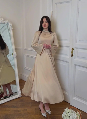 亚马逊欧美2024年春季新款绑带纯色缎面公主风收腰显瘦连衣裙