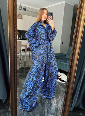 欧美风豹纹印花宽松上衣裤子套装Printed leopard top pants suit