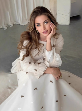 亚马逊欧美跨境2025年春季名媛飘柔气质长袖长裙丝滑舒适连衣裙