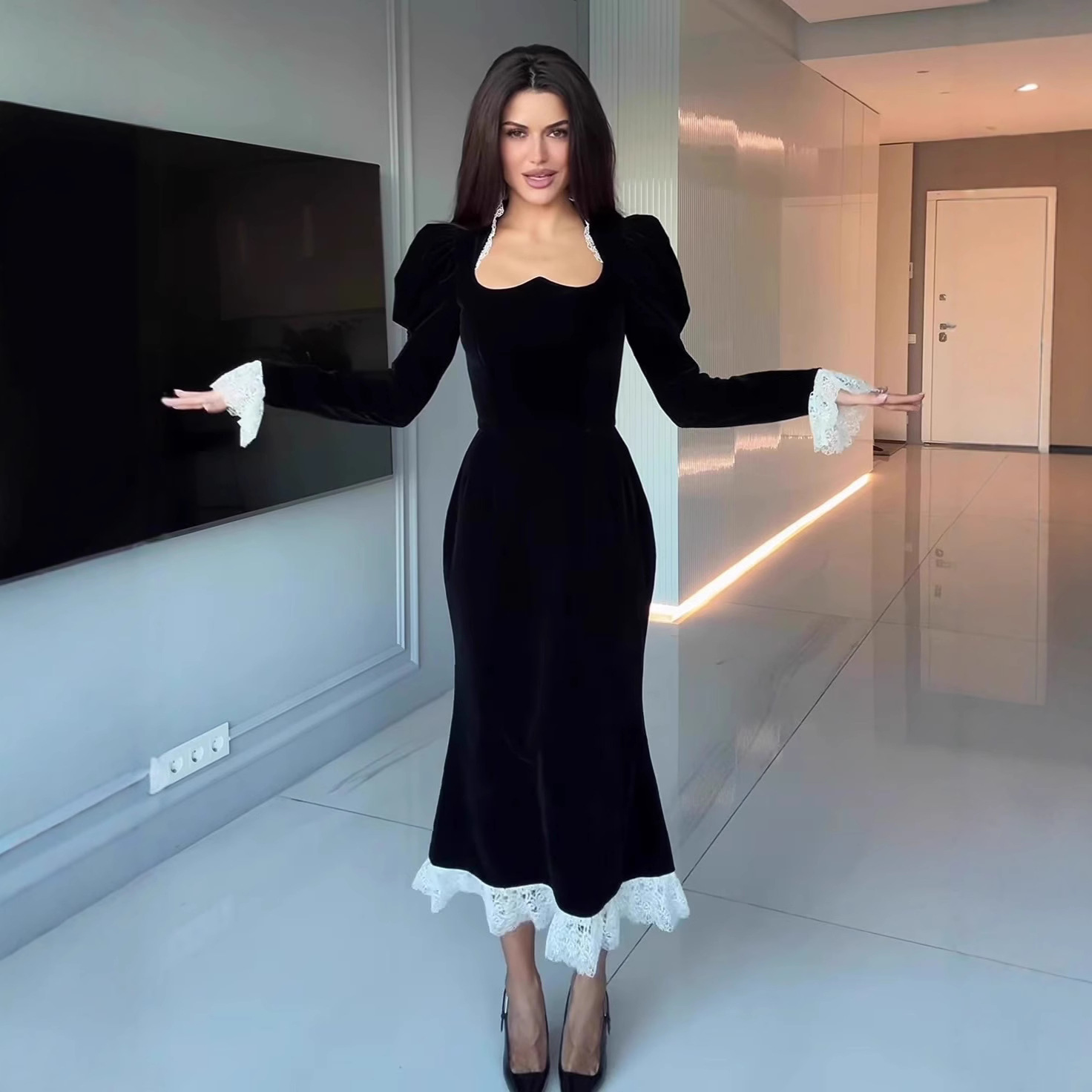 欧美风A字裙涤纶纯色连衣裙女