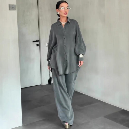 无品牌涤纶2025秋纯色长裤套装