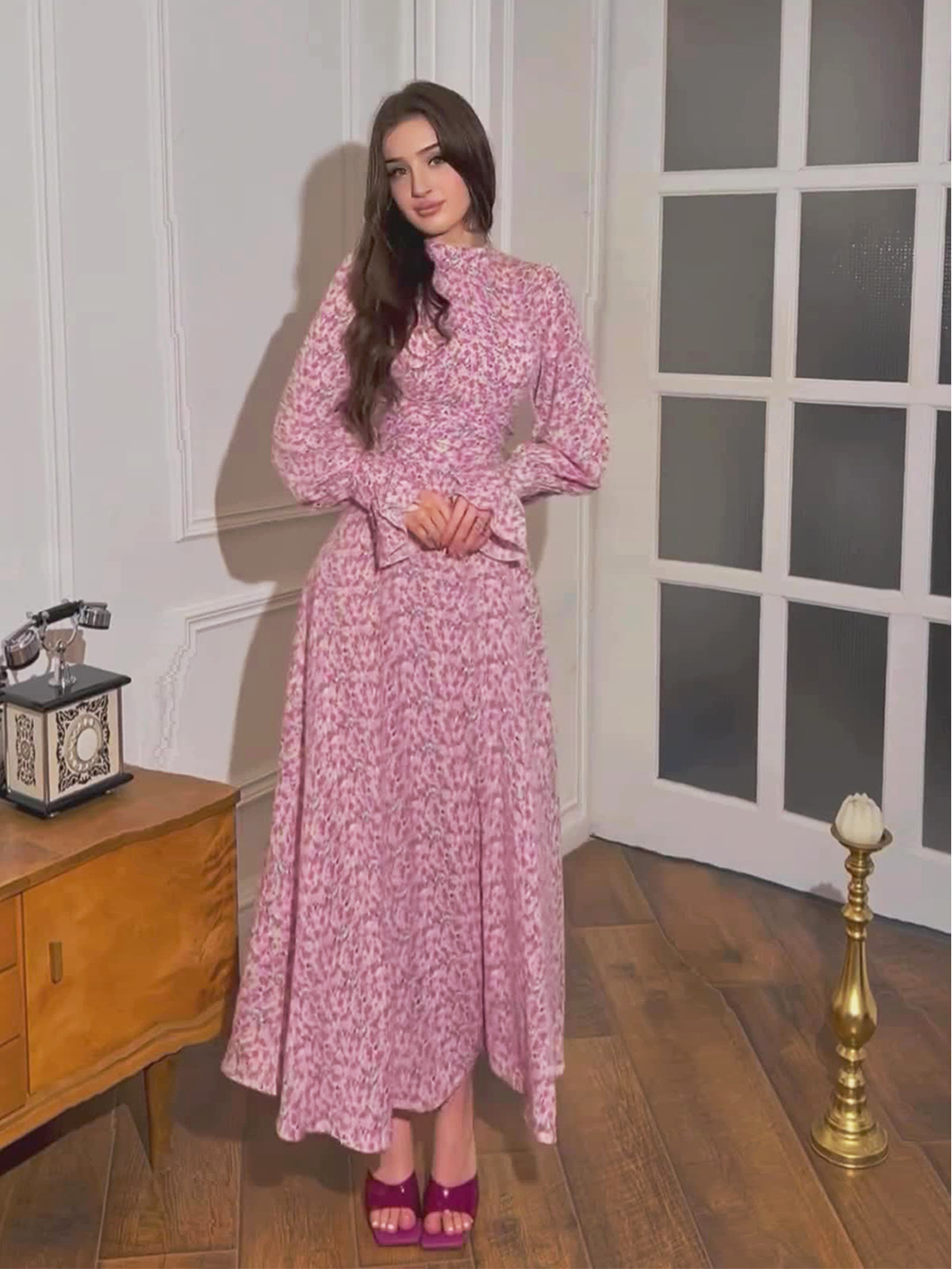 欧美A字裙涤纶碎花连衣裙女