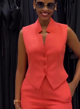 欧美亚马逊2024年西装搭配橙色吸晴宽松大码无袖阔腿两件套