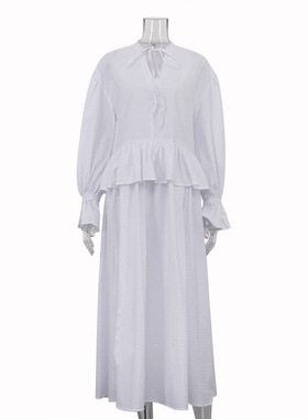 亚马逊热销设计感荷叶边宽松连衣裙女V领系带喇叭袖白色通勤长裙