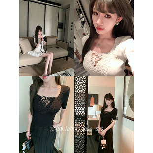 juanjuanyee【chol*中袖】重工蕾丝弹力冰麻吊带上衣针织衫短袖女