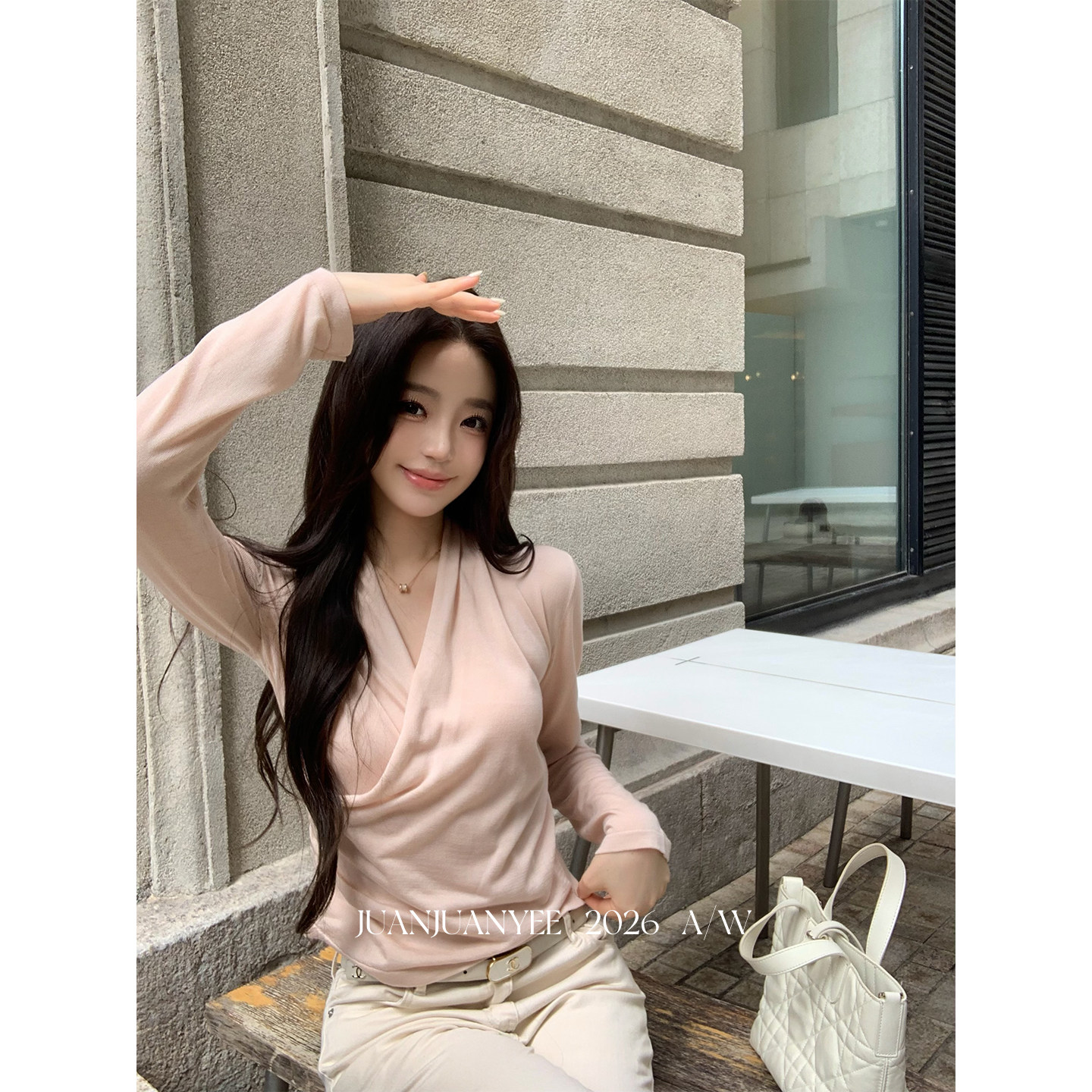 juanjuanyee 【row调女主2.0】简约交叉V领长袖针织衫女气质上衣
