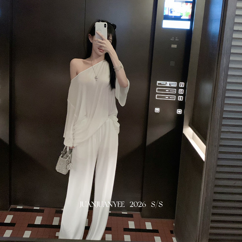 juanjuanyee【顶美T】天丝羊毛斜肩长袖女夏纯欲气质宽松显瘦上衣