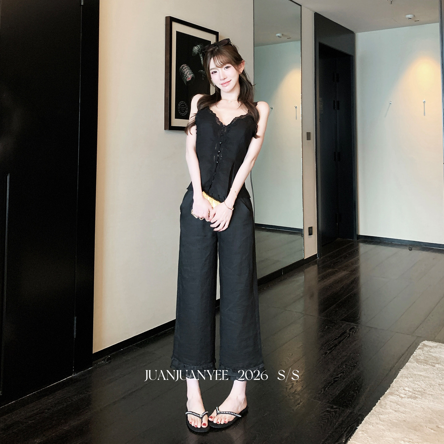 juanjuanyee【7分苎麻裤】蕾丝花边设计感拼接苎麻亚麻8分阔腿裤