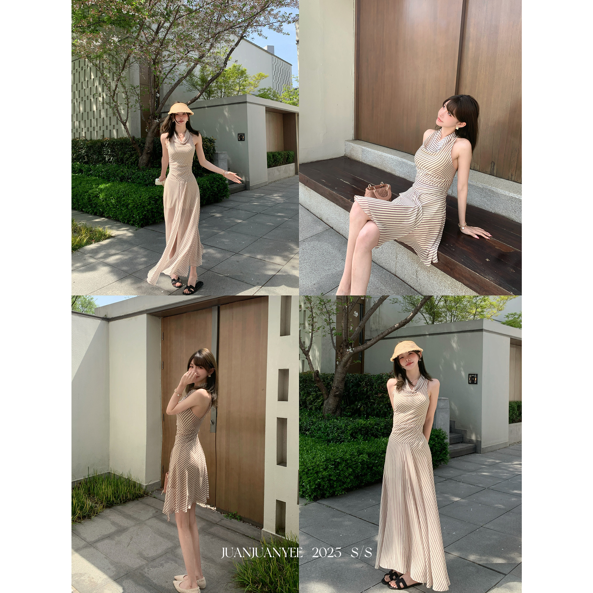 juanjuanyee澳代Becbridg*私服·荡领无袖斜裁条纹气质连衣裙
