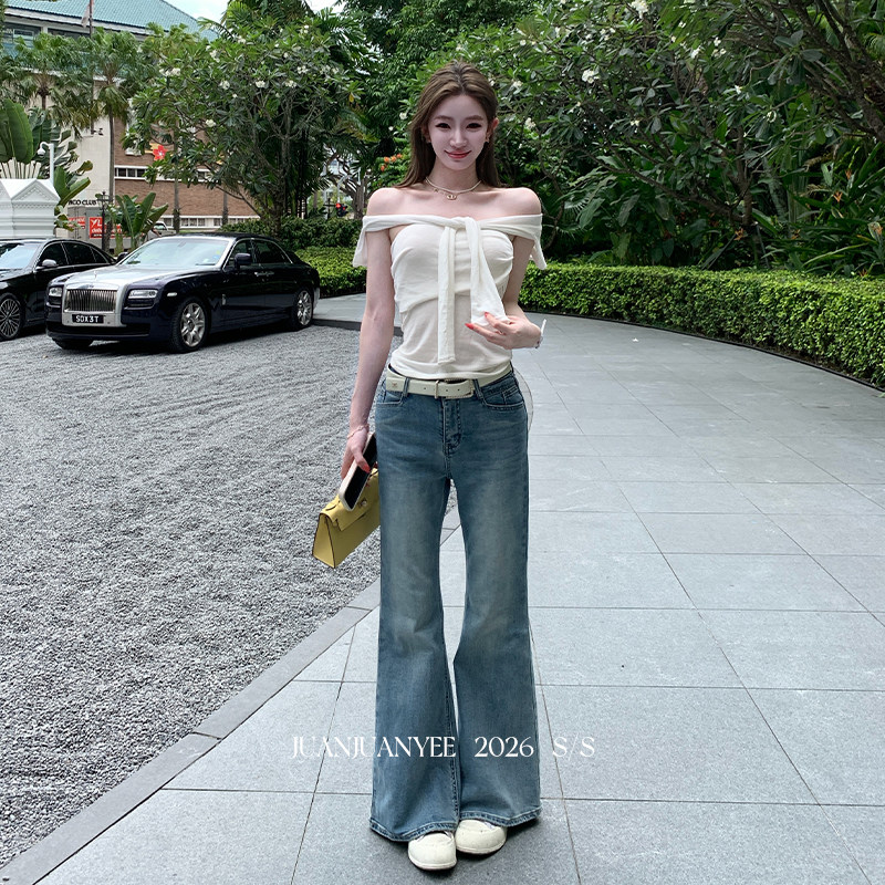 juanjuanyee【小韩蓝牛】浅蓝色直筒微喇春夏牛仔裤女