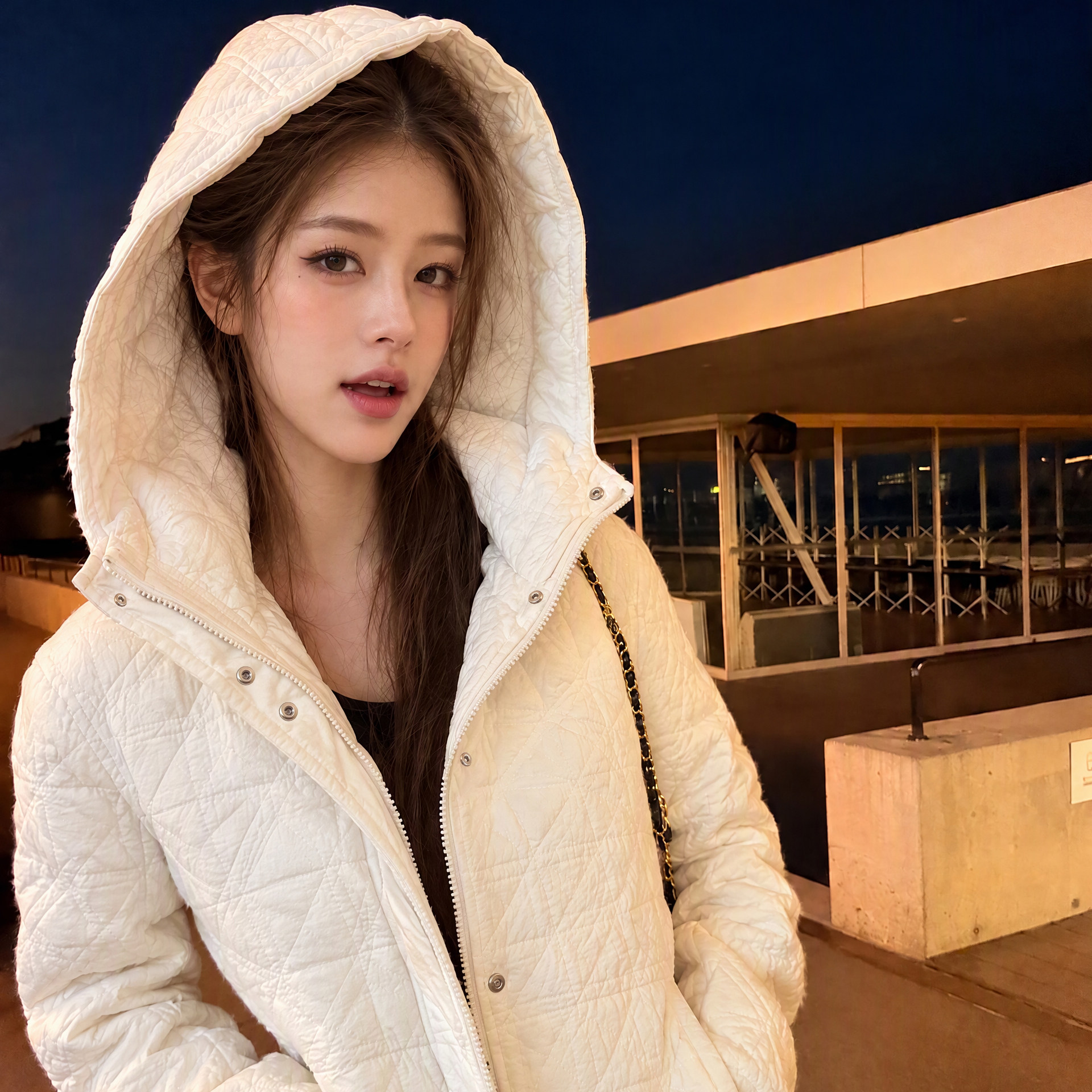 meng via 【初雪暖格】时尚女中长款休闲百搭宽松连帽棉服外套