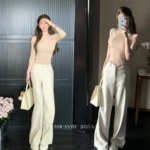 juanjuanyee“Daily皮裤”直筒金扣垂感蛋白加绒磨毛秋冬软皮裤