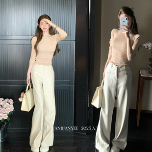 juanjuanyee“Daily皮裤”直筒金扣垂感蛋白加绒磨毛秋冬软皮裤