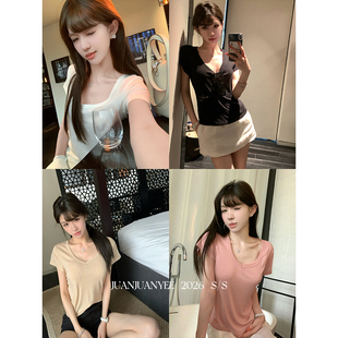 T恤百搭显瘦基础T恤 莱赛尔亚麻V领短袖 juanjuanyee 神仙白开水