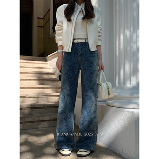 juanjuanyee【复古街区】腰果花重工洗水烫钻直筒遮胯牛仔长裤女