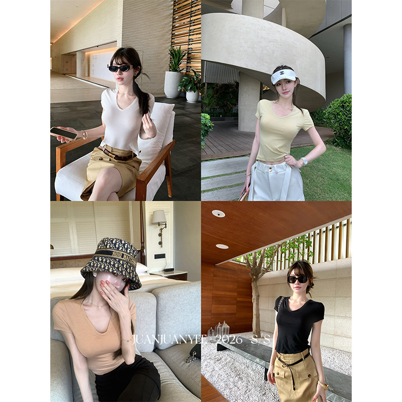 juanjuanyee【美女t】新晋高端面料天丝醋酸高弹v领t巨舒服巨凉快