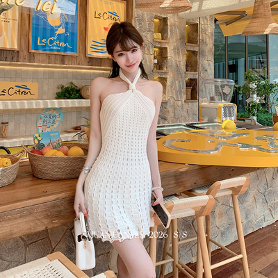juanjuanyee【Simkh*私服裙】交叉扭结挂脖钩针织镂空无袖连衣裙