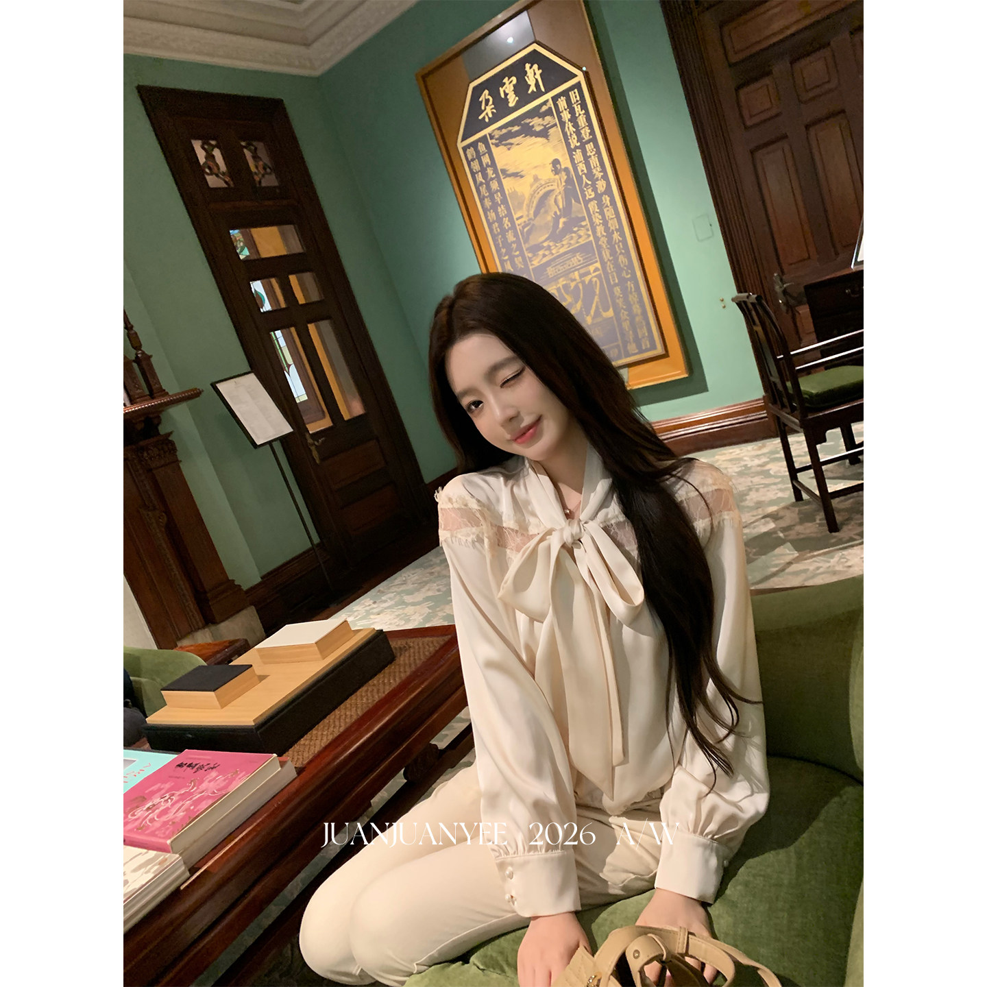 juanjuanyee 【ys1衬衫】气质蕾丝莱赛尔雪纺衫女秋绑带长袖衬衫